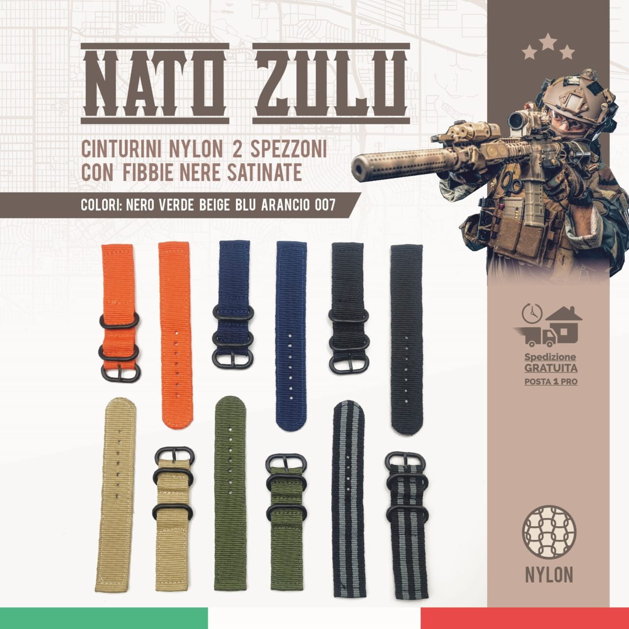 Cinturino Nato Zulu 2 strap 18 20 22 24 mm Nero 007 Verde Beige Blu Aarancio One More Shop